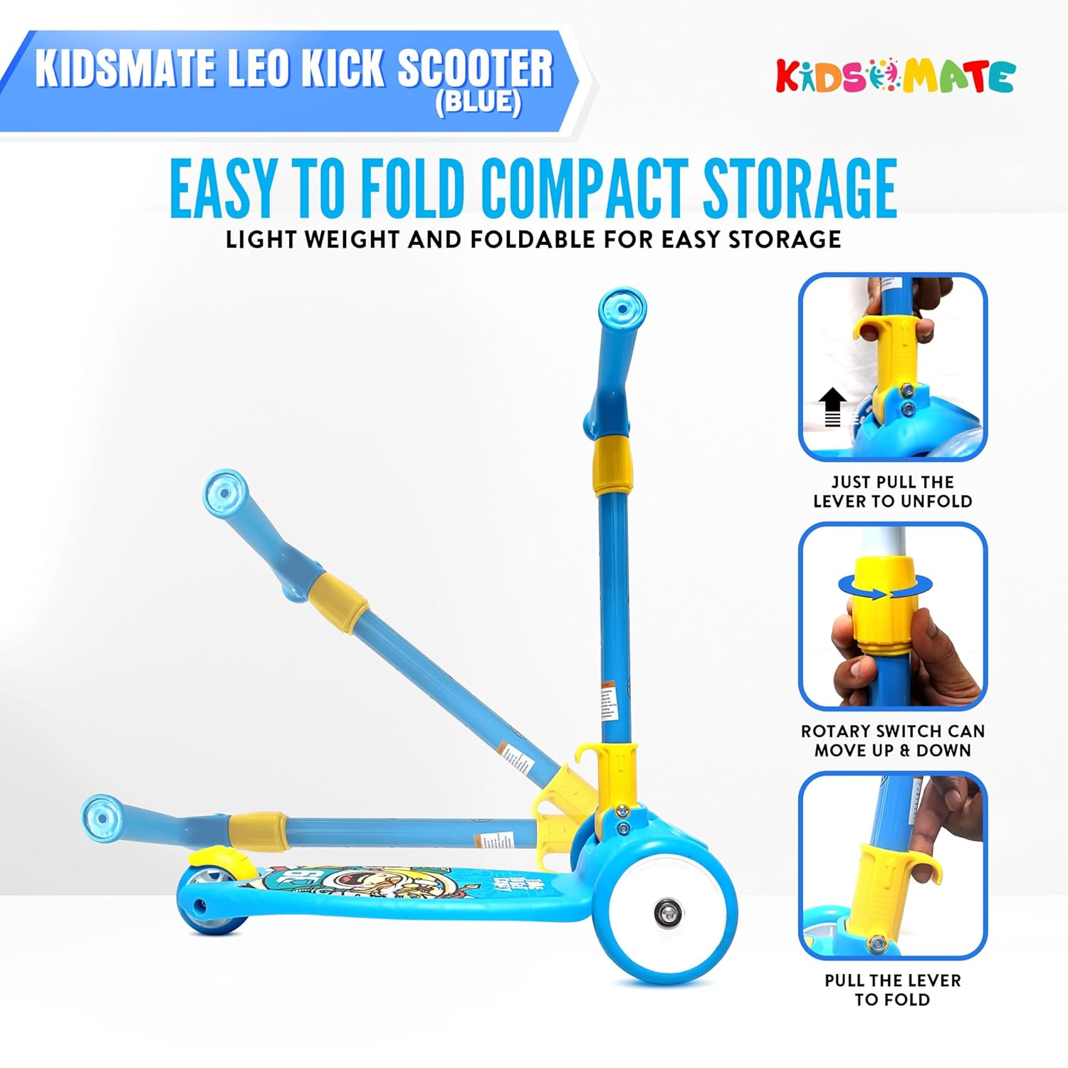 Kidsmate Leo Kick Scooter in black, designed for kids with 3 adjustable height settings, broad PVC wheels, and a reliable rare brake. Its foldable design makes storage and transport easy." www.usmile.toys www.usmile.toys